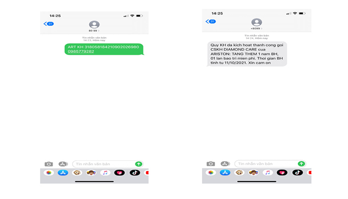 Kích hoạt bảo hành điện tử Ariston bằng SMS